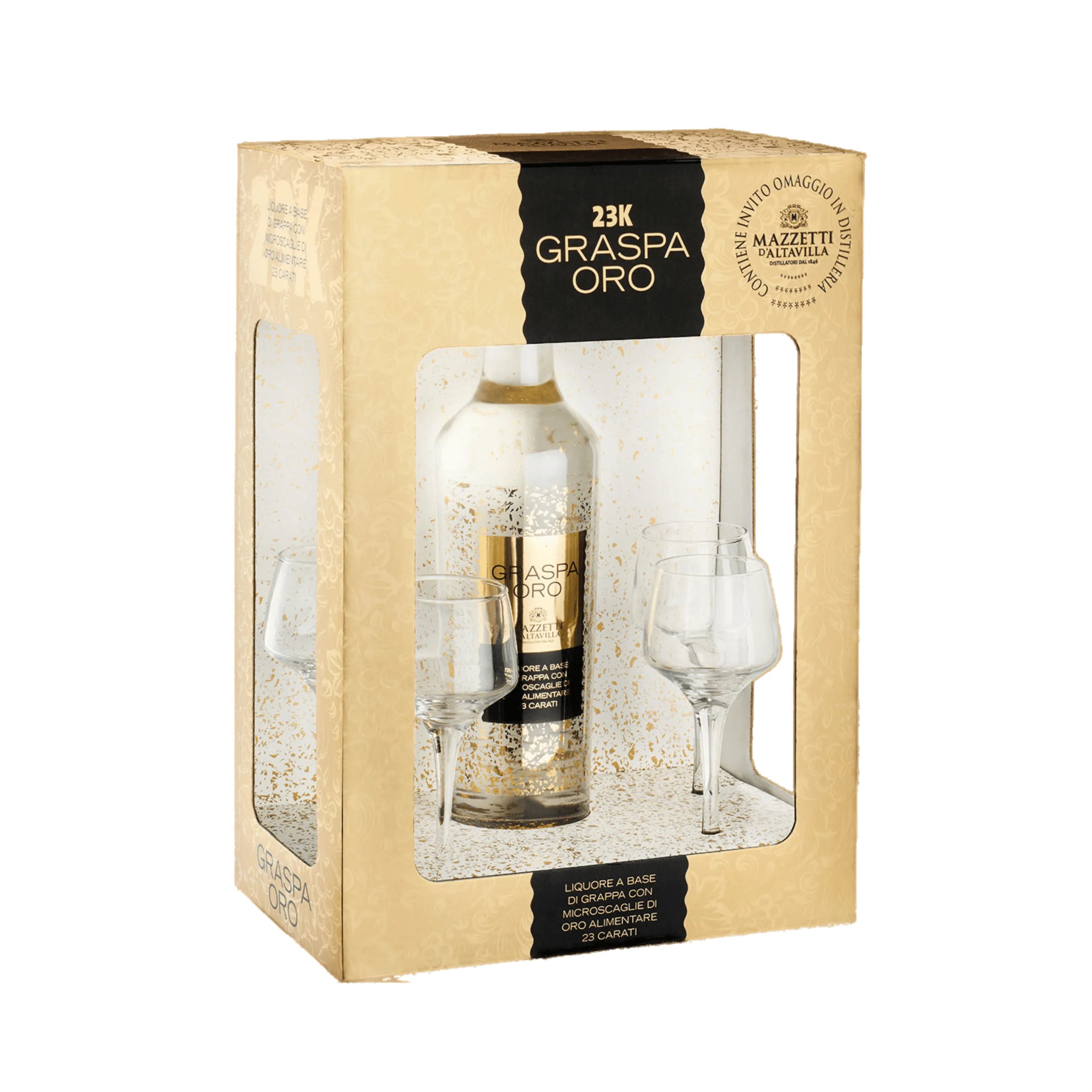 Grappa Oro di Mazzetti + 2 calici – 50cl